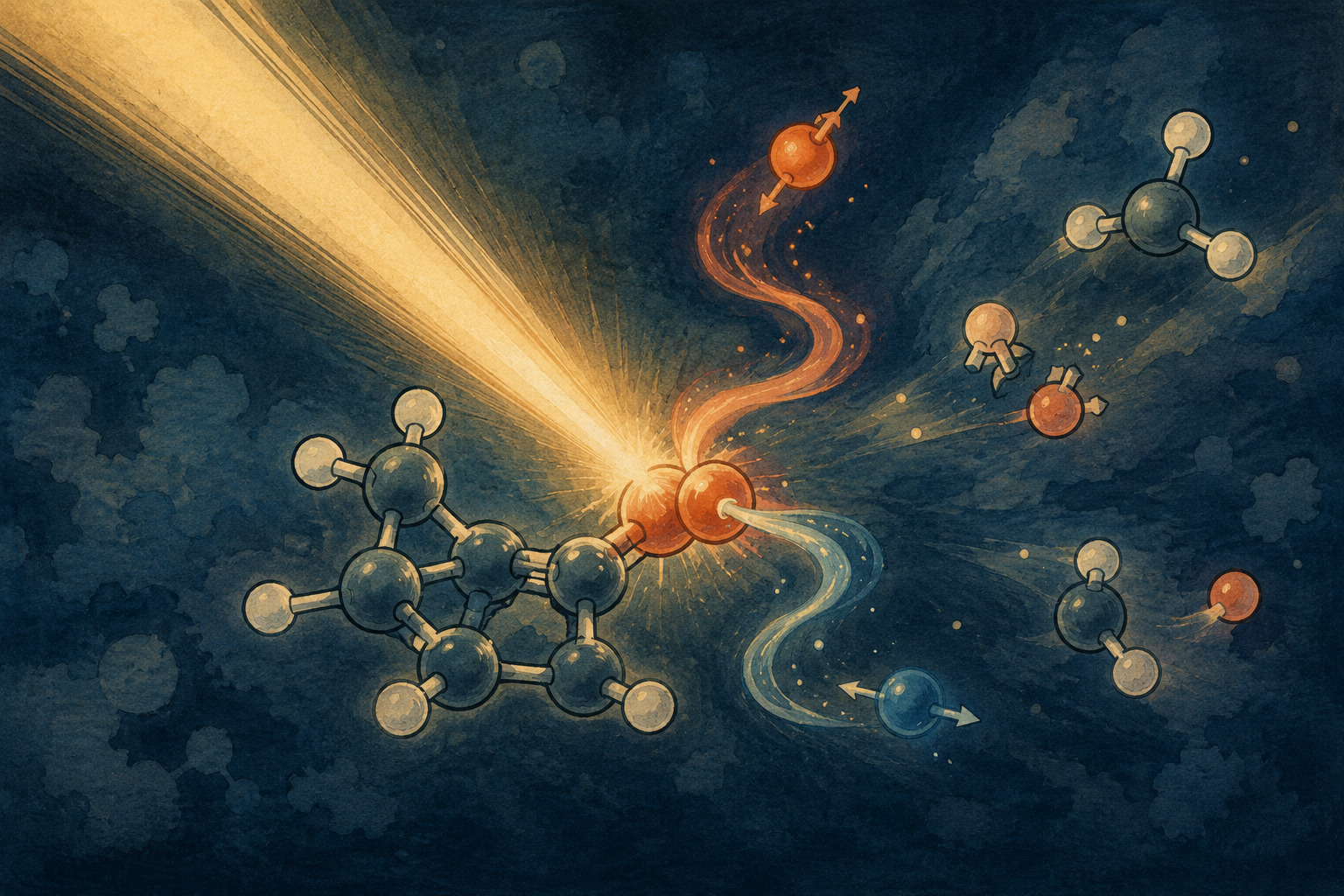Scientific editorial illustration of a light-activated molecule and glowing electron-spin pathways following bond cleavage