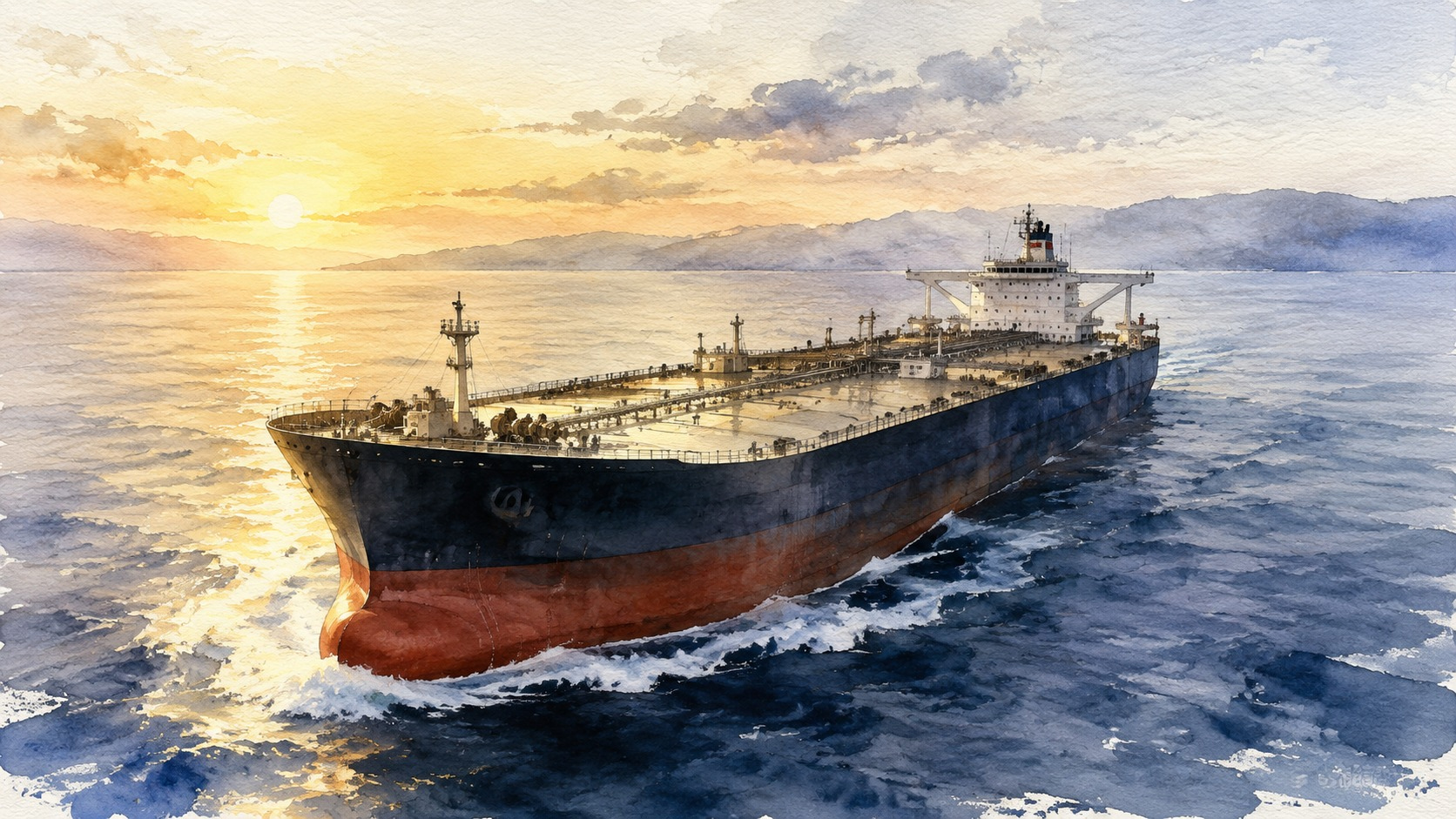 開かれた青い航路を日本へ進む一隻の石油タンカーを単一焦点で描いた水彩画。