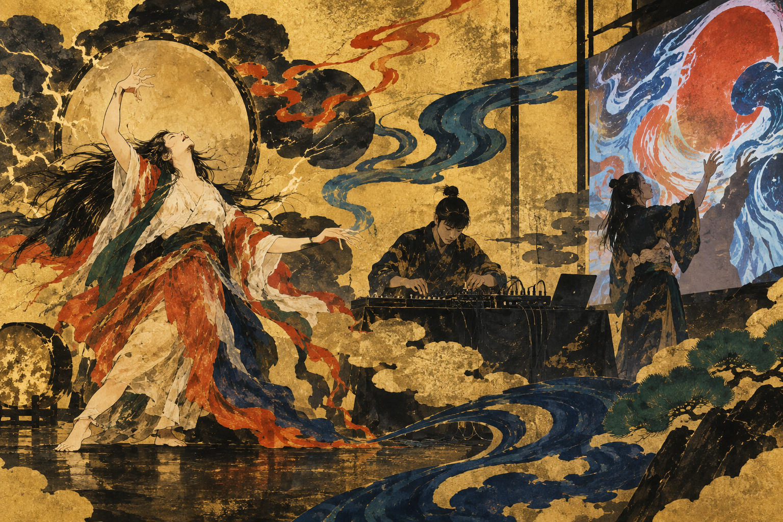 Three symbolic performers amid wind-like forms, thunder-drum circles and vermilion and indigo patterns on gold