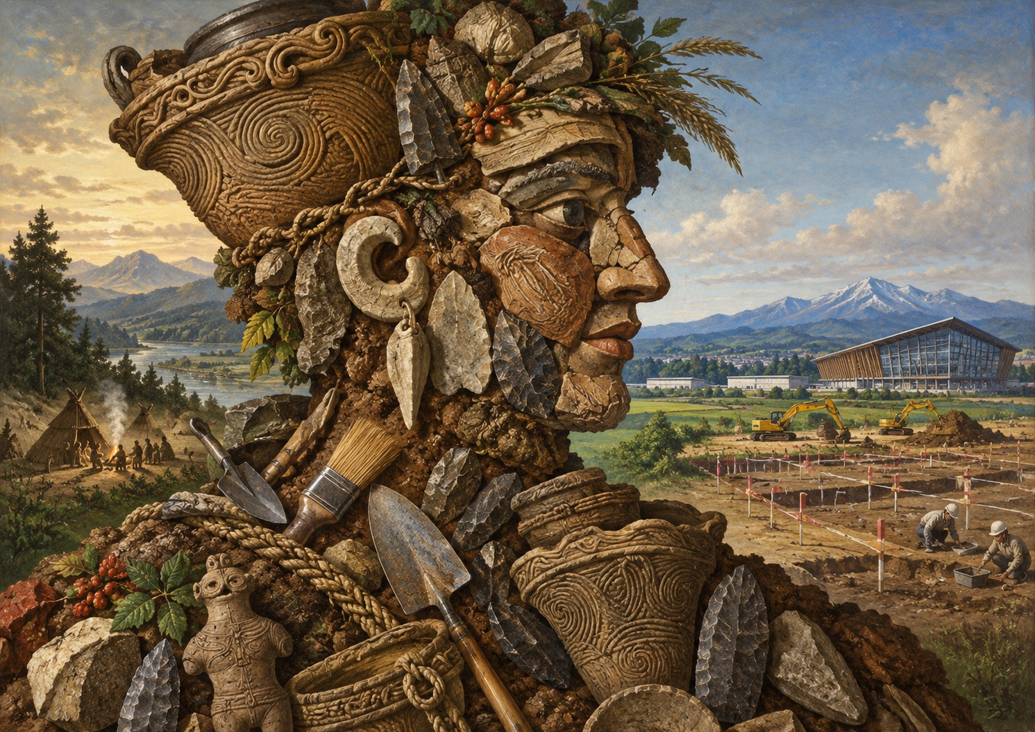 Japan.co.jp AI editorial illustration inspired by Giuseppe Arcimboldo’s composite portraits, accompanying “Before the Fighters Build in Eniwa, Archaeologists Are Reading the Ground”