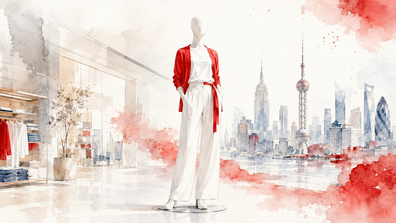 Watercolor with a single focal point: one red UNIQLO shopping bag