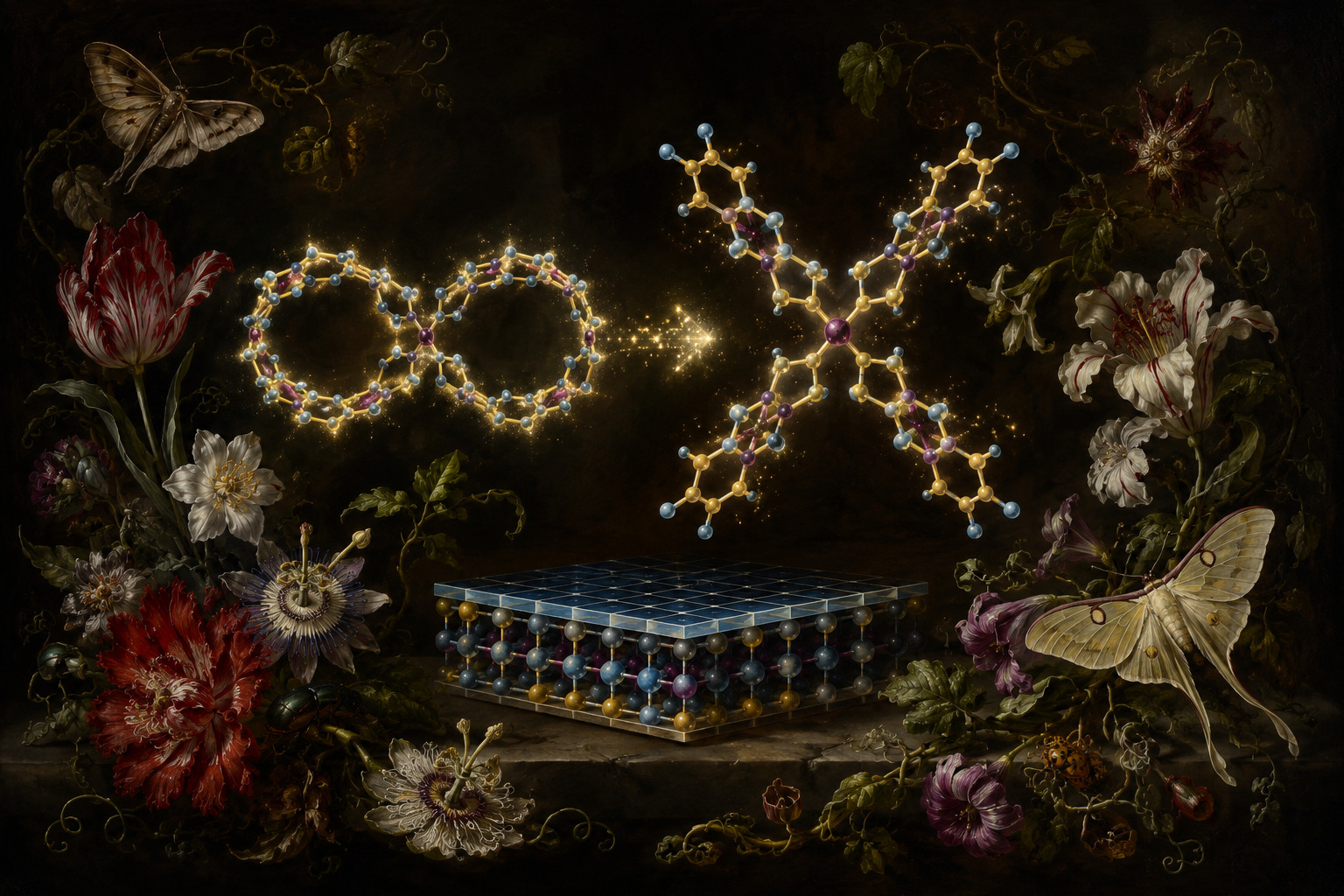 Editorial illustration of a figure-eight molecular structure opening into a chiral X-shaped electron-transport material above a perovskite solar cell
