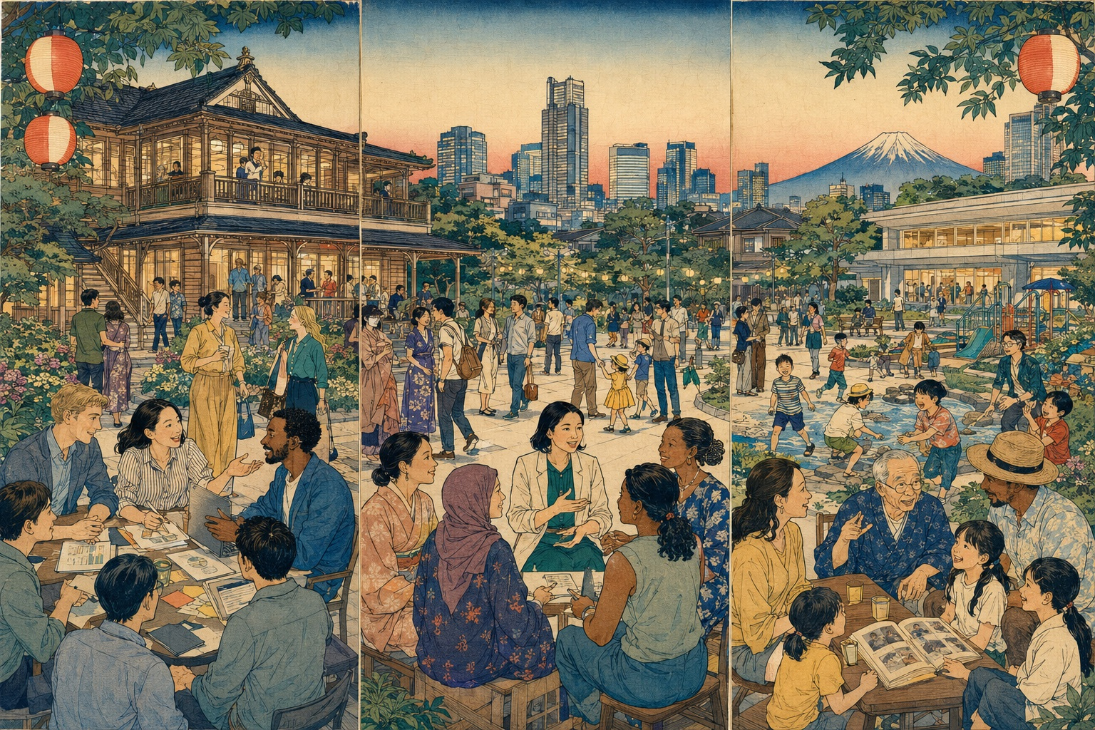 駐在員の飛び地から国際コミュニティーへの編集イラスト