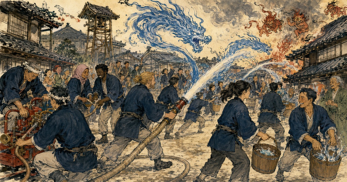 A Kawanabe Kyōsai-inspired firefighting scene in which foreign residents and Japanese brigade members work together against leaping flames