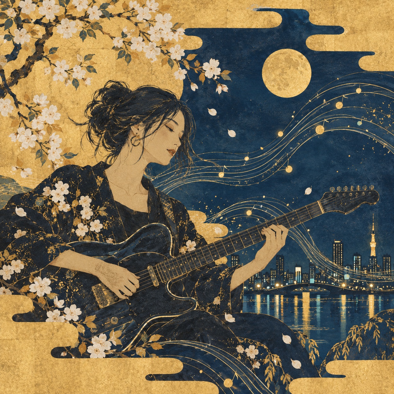 ギターを持つ女性音楽家を夜の花、音の波、都市の光が囲む琳派調の編集用イラスト