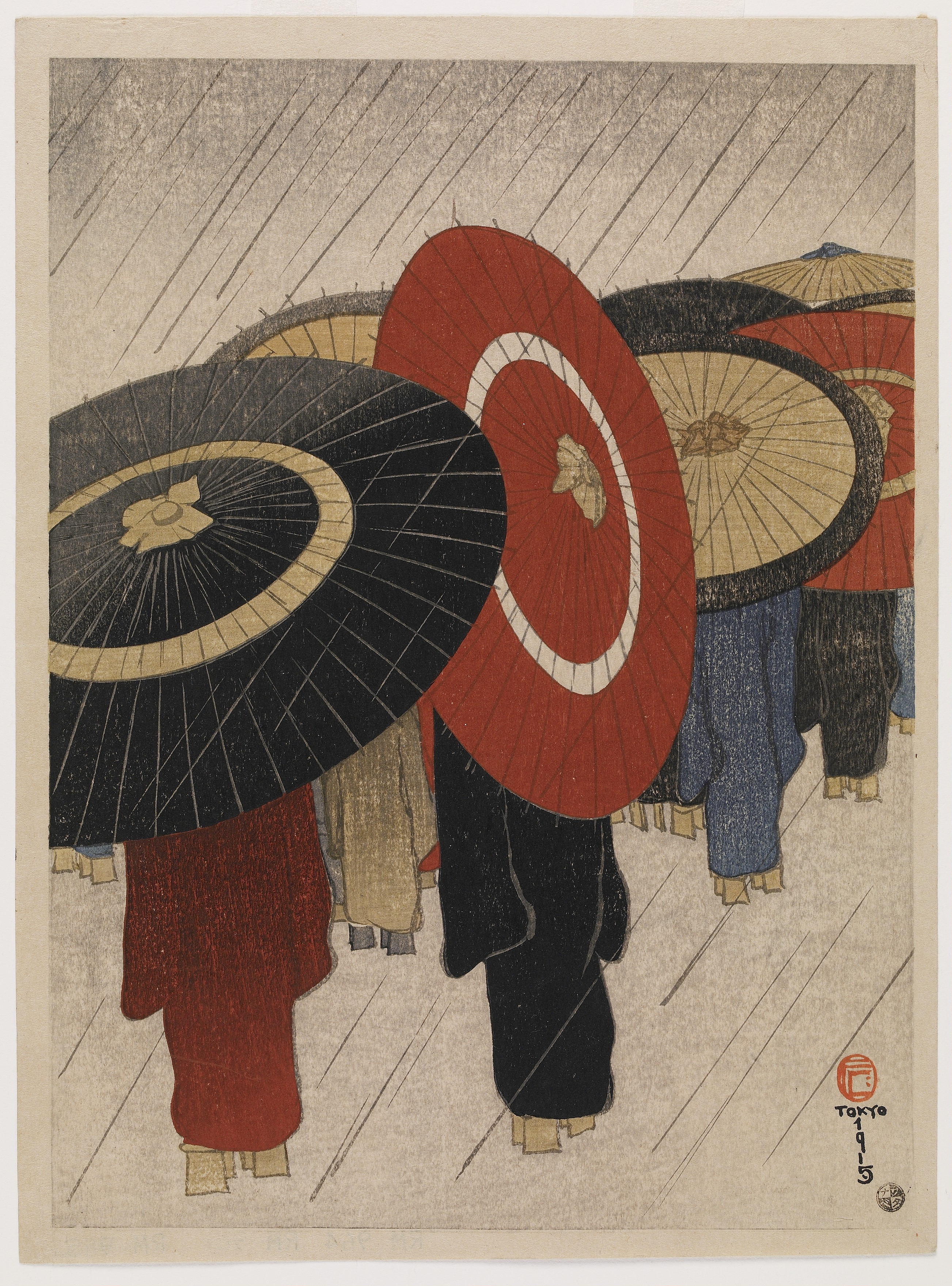 Fritz Capelari’s 1915 woodblock print of student girls walking under red, black and ocher umbrellas in slanting rain