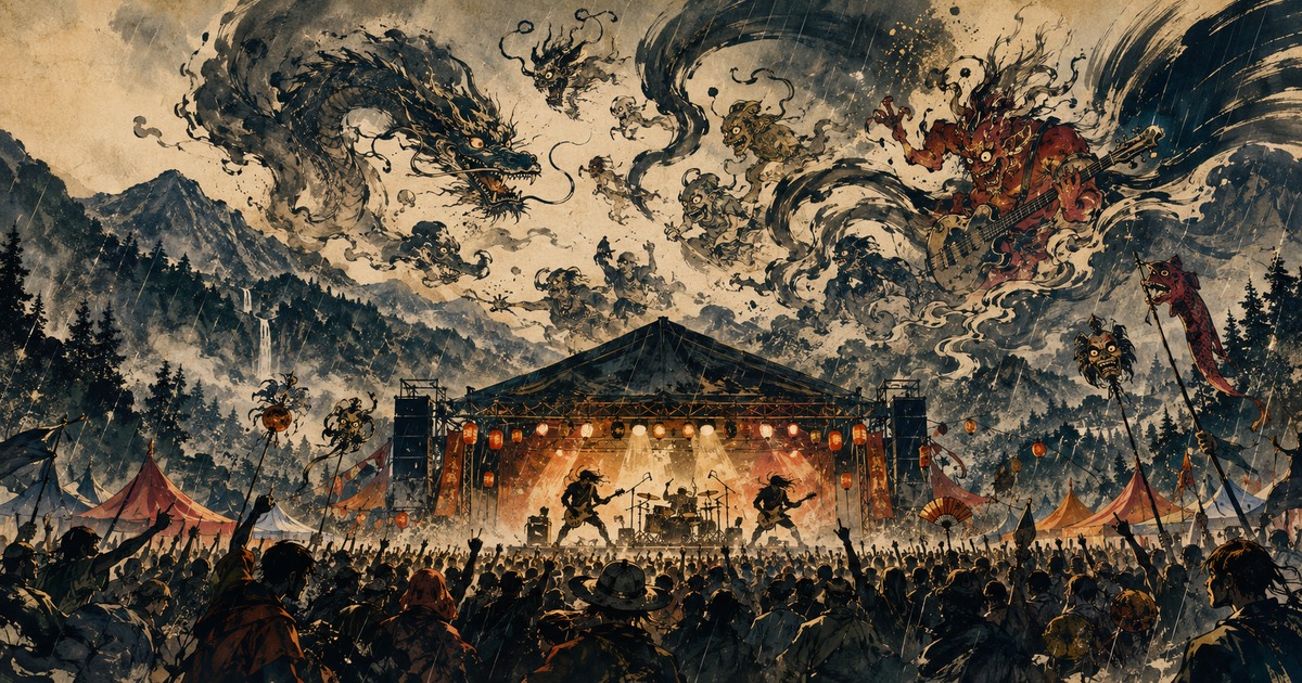 A Kawanabe Kyōsai-inspired scene of Fuji Rock 2026, with musical spirits sweeping above an outdoor stage and the Naeba crowd