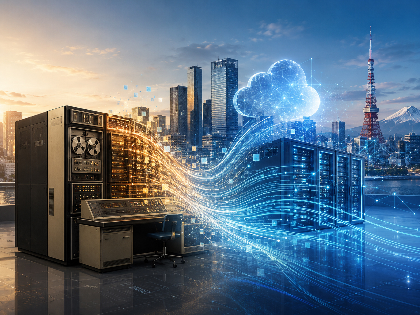 An old mainframe transforms into cloud and AI infrastructure, with Tokyo’s skyline and streams of enterprise data in the background.