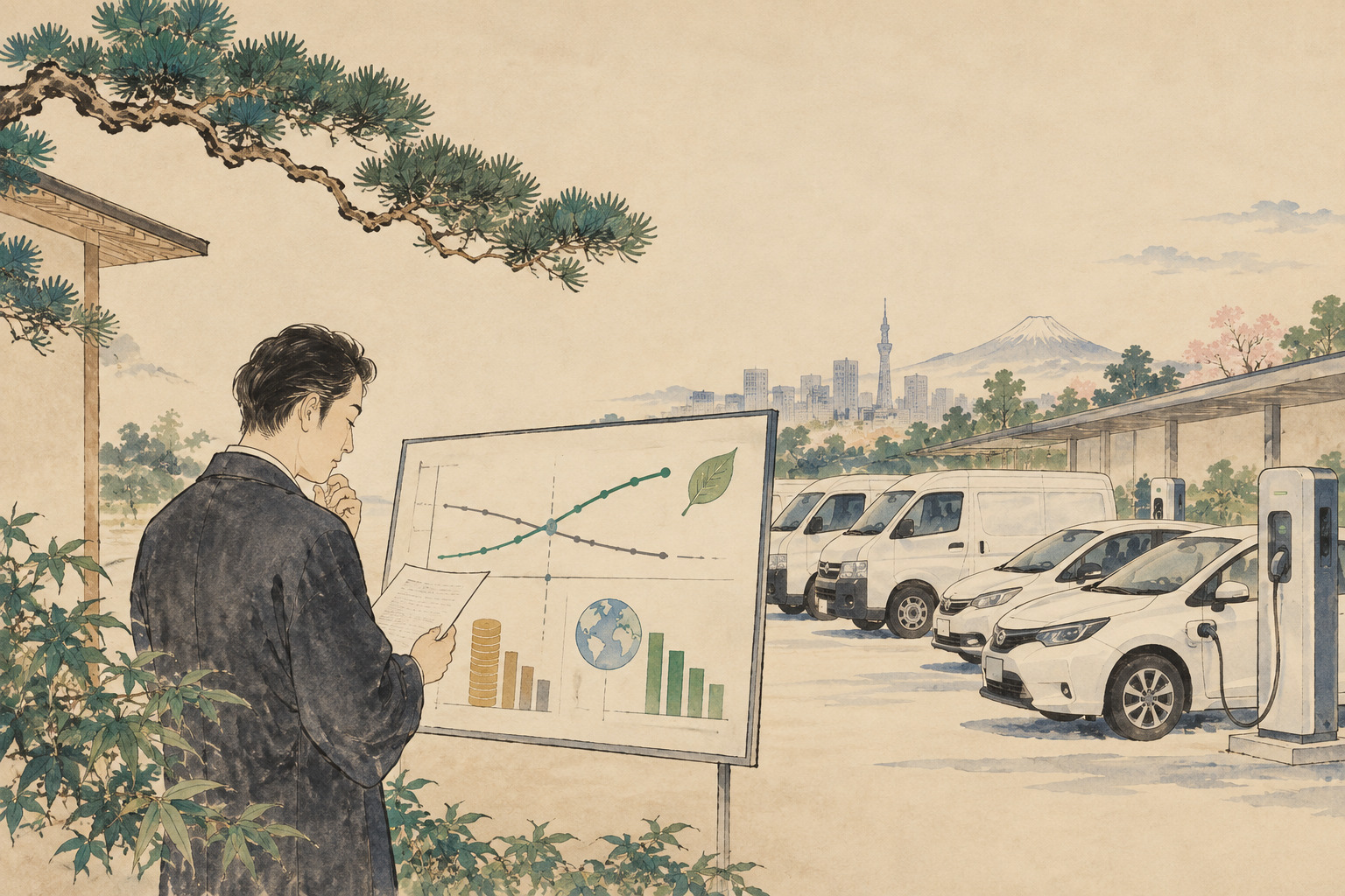 Editorial illustration of corporate EV fleet planning, vehicles and chargers in a Maruyama Okyo-inspired style