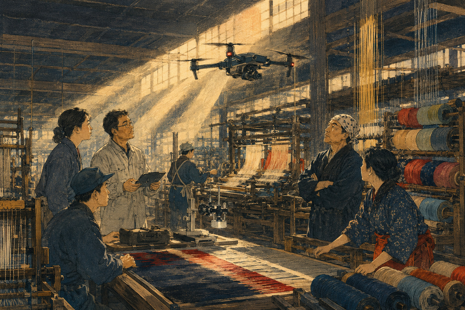 Editorial illustration of engineers and textile workers testing a drone in a Fukui workshop