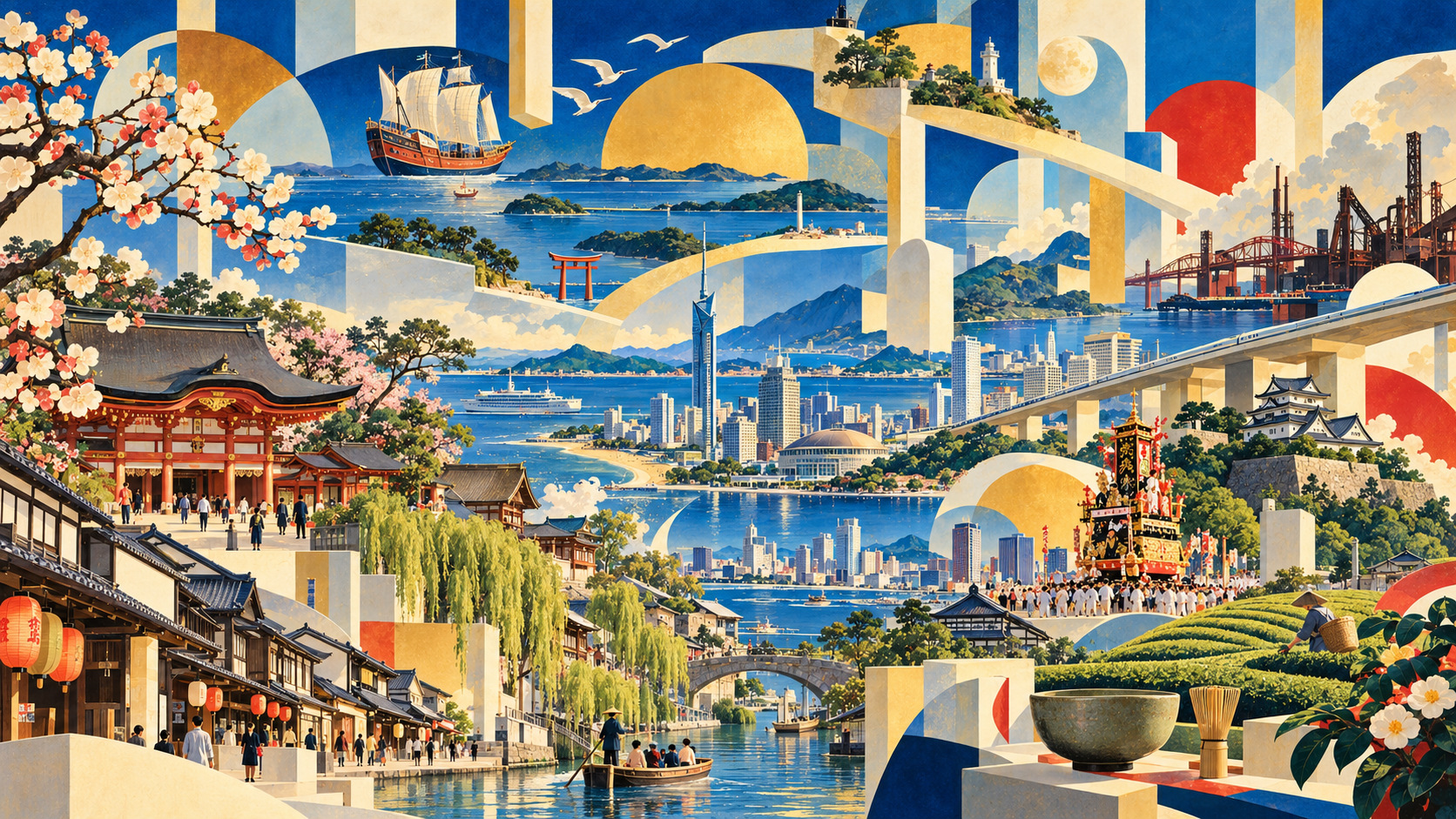 Fukuoka: Japan’s Gateway to Asia, Two Thousand Years in the Making — Koga Harue-inspired illustrated panorama of Fukuoka