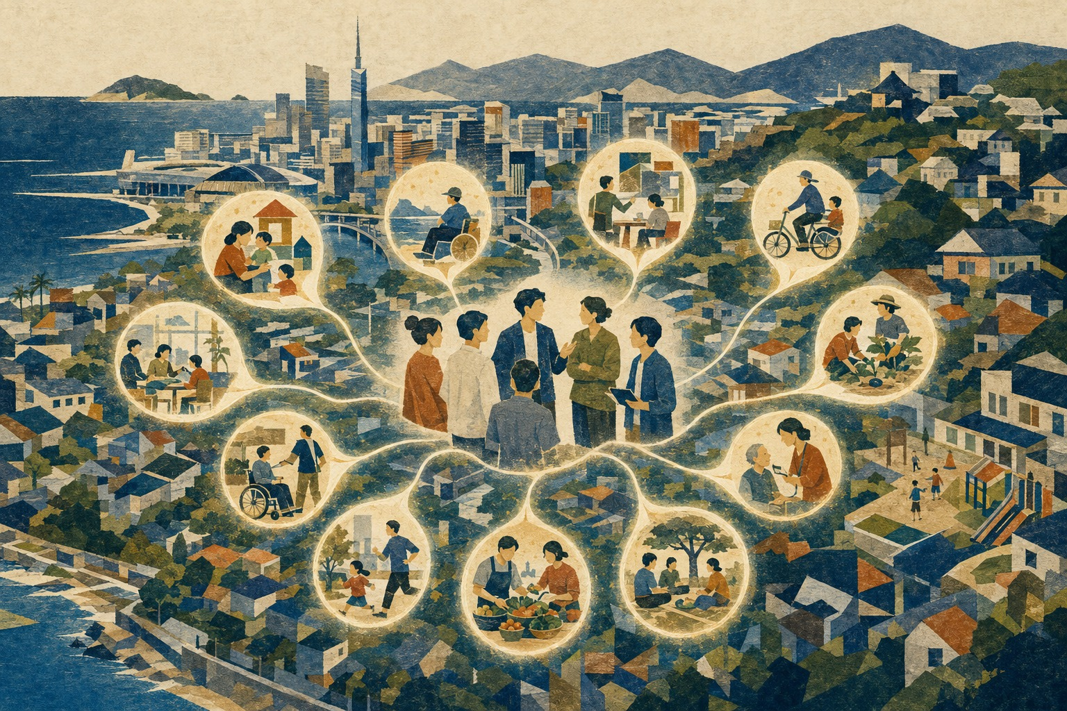 福岡の街で社会課題と事業成長をつなぐ11のスタートアップを描いた報道イラスト