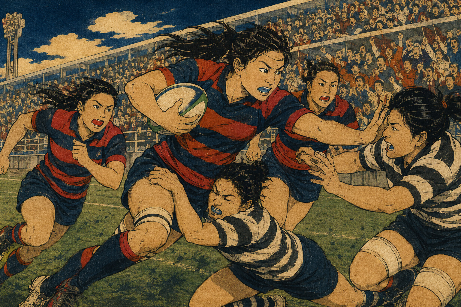 An editorial illustration of a Fukuoka women’s rugby sevens player carrying the ball through contact