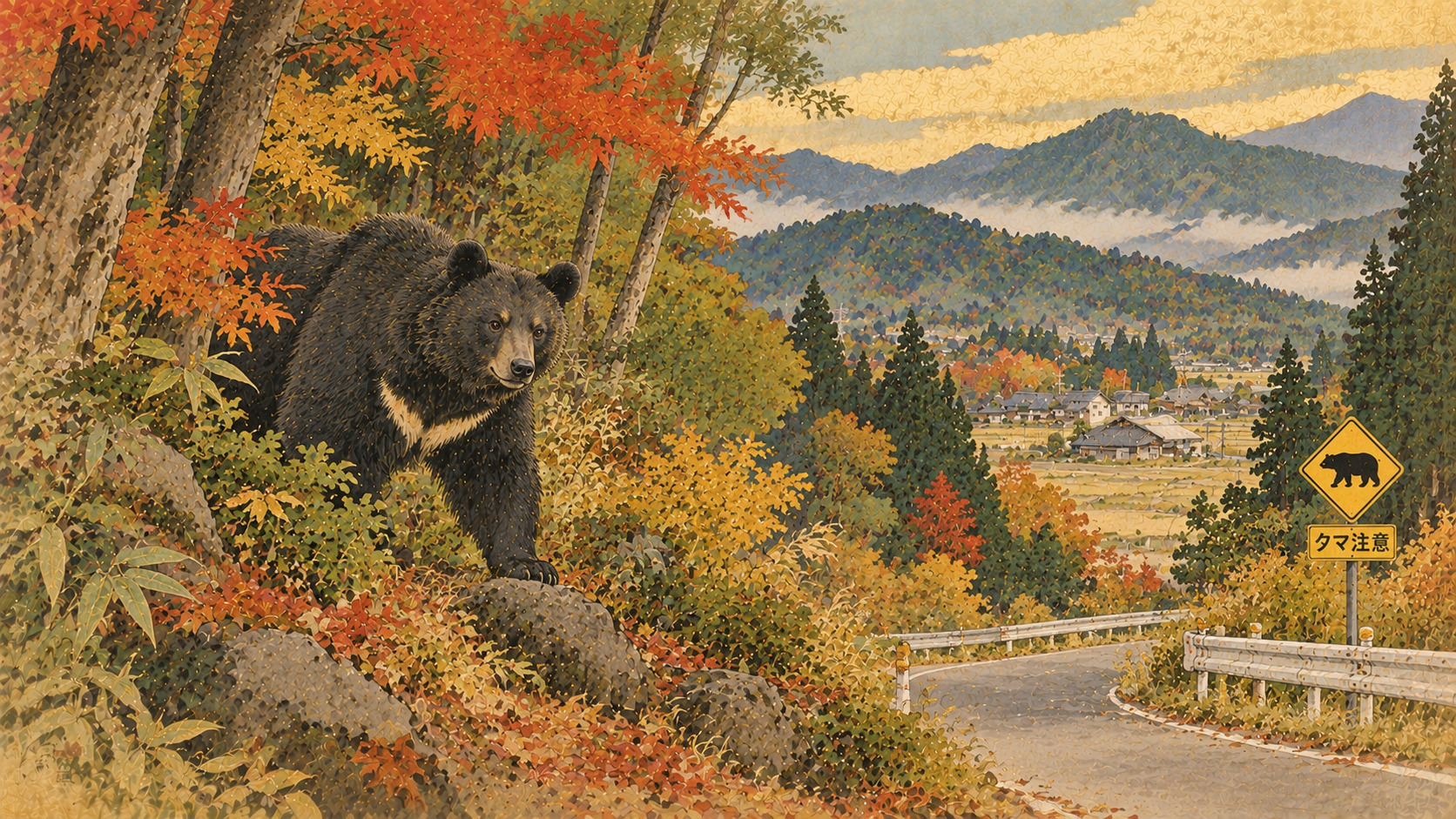 Bear Encounters Put Fukushima’s Roads and Communities on Alert — AI editorial illustration inspired by Ota Shumin