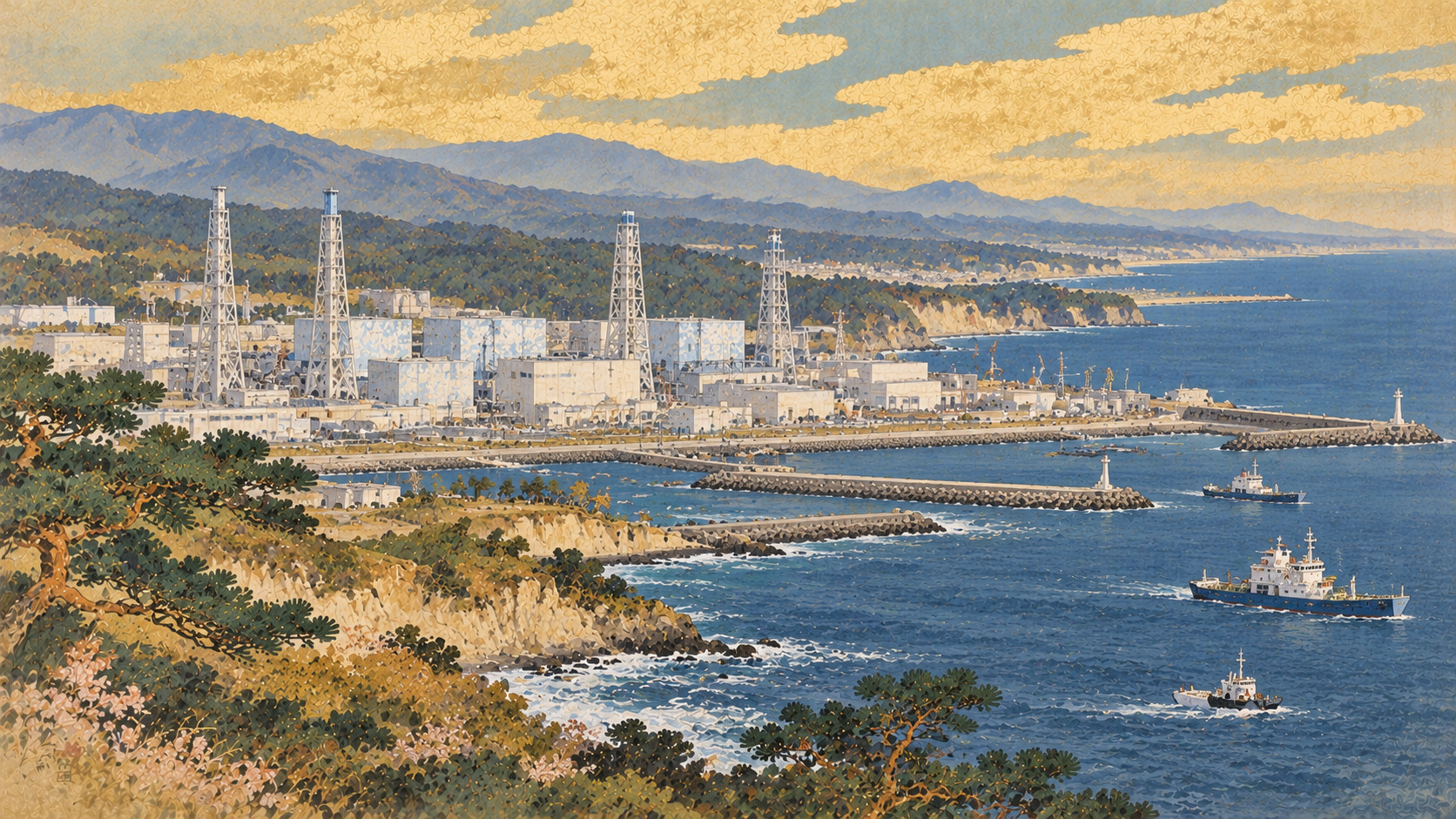 Fukushima Daiichi Begins Its 25th Treated-Water Release — AI editorial illustration inspired by Ota Shumin