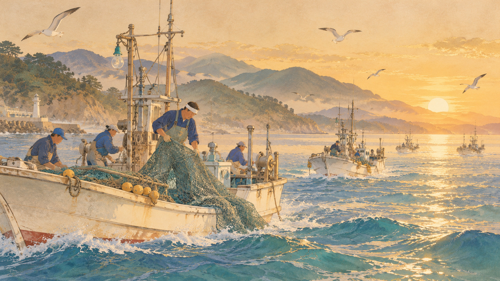 Fukushima Fishermen Prepare to Reclaim Three More Kilometers of Sea — AI editorial illustration inspired by Ota Shumin