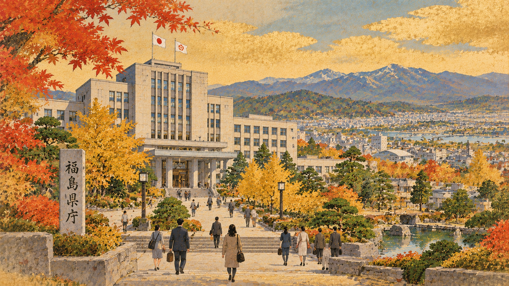 Fukushima Reelects Uchibori. The Fourth Term’s Tests Lie Ahead — AI editorial illustration inspired by Ota Shumin