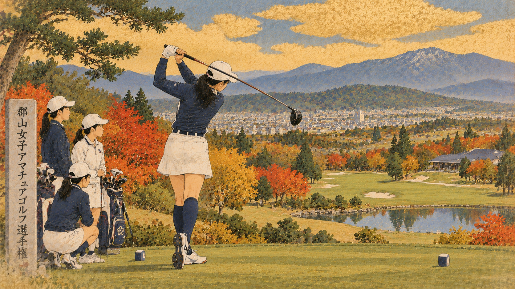 132 Women Meet on the Fairways in Koriyama — AI editorial illustration inspired by Ota Shumin