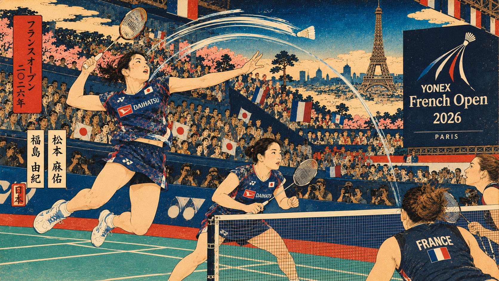 Former Rivals, French Open Champions Again: Fukushima and Matsumoto’s Three-Game Comeback — AI-generated editorial illustration, not a news photograph