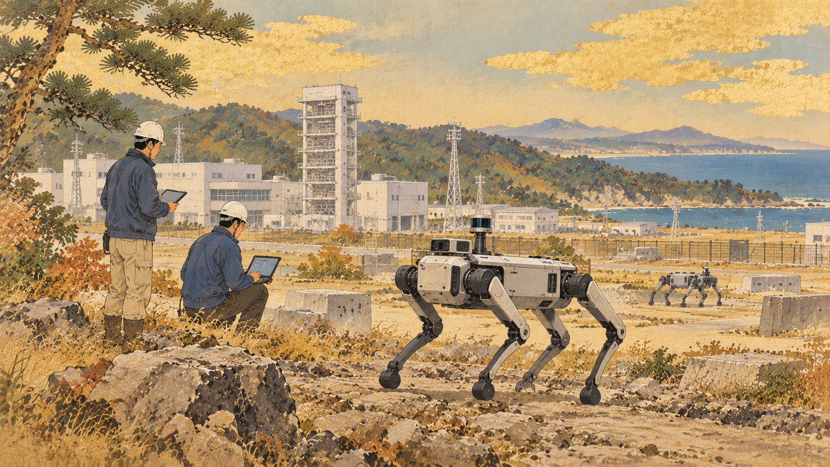 Robot Dogs at Fukushima’s Test Field: From Demonstration to Deployment — AI editorial illustration inspired by Ota Shumin