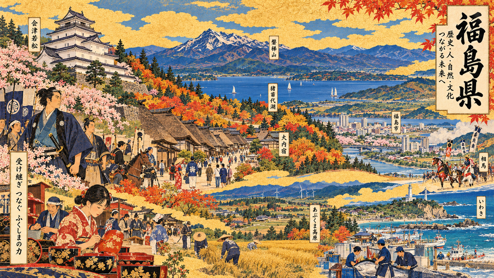 福島県の歴史と風景を描いたAI編集イラスト