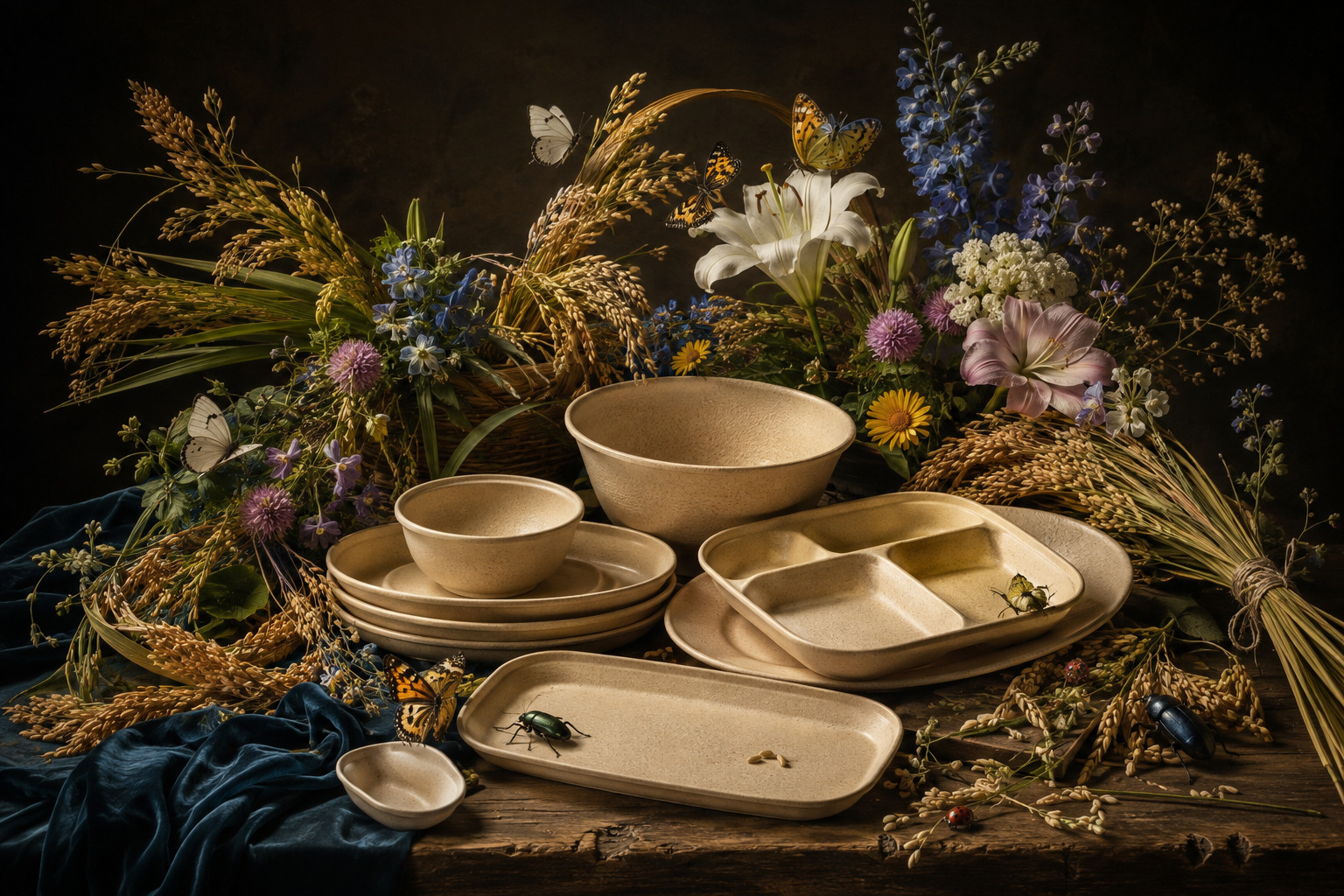 Editorial illustration combining Fukushima rice plants, husks, trays and tableware