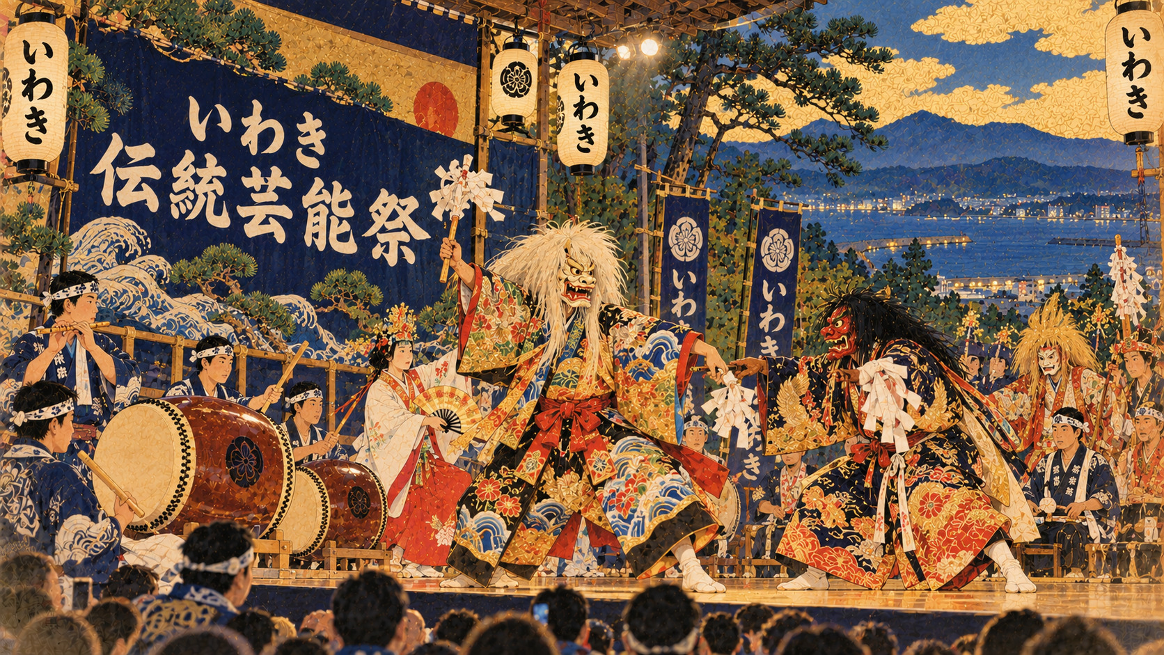 Seventeen Folk-Performance Groups Prepare to Gather in Iwaki — AI editorial illustration inspired by Ota Shumin