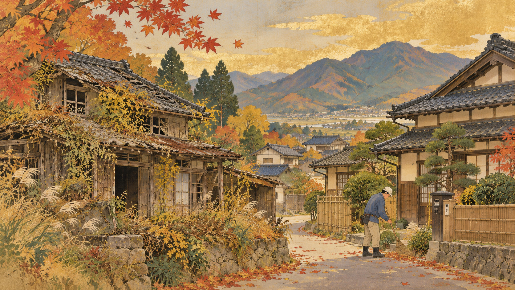 日本画家・太田秋民の表現に着想を得た空き家と再生住宅のAI編集イラスト。実在する建物の写真ではない。