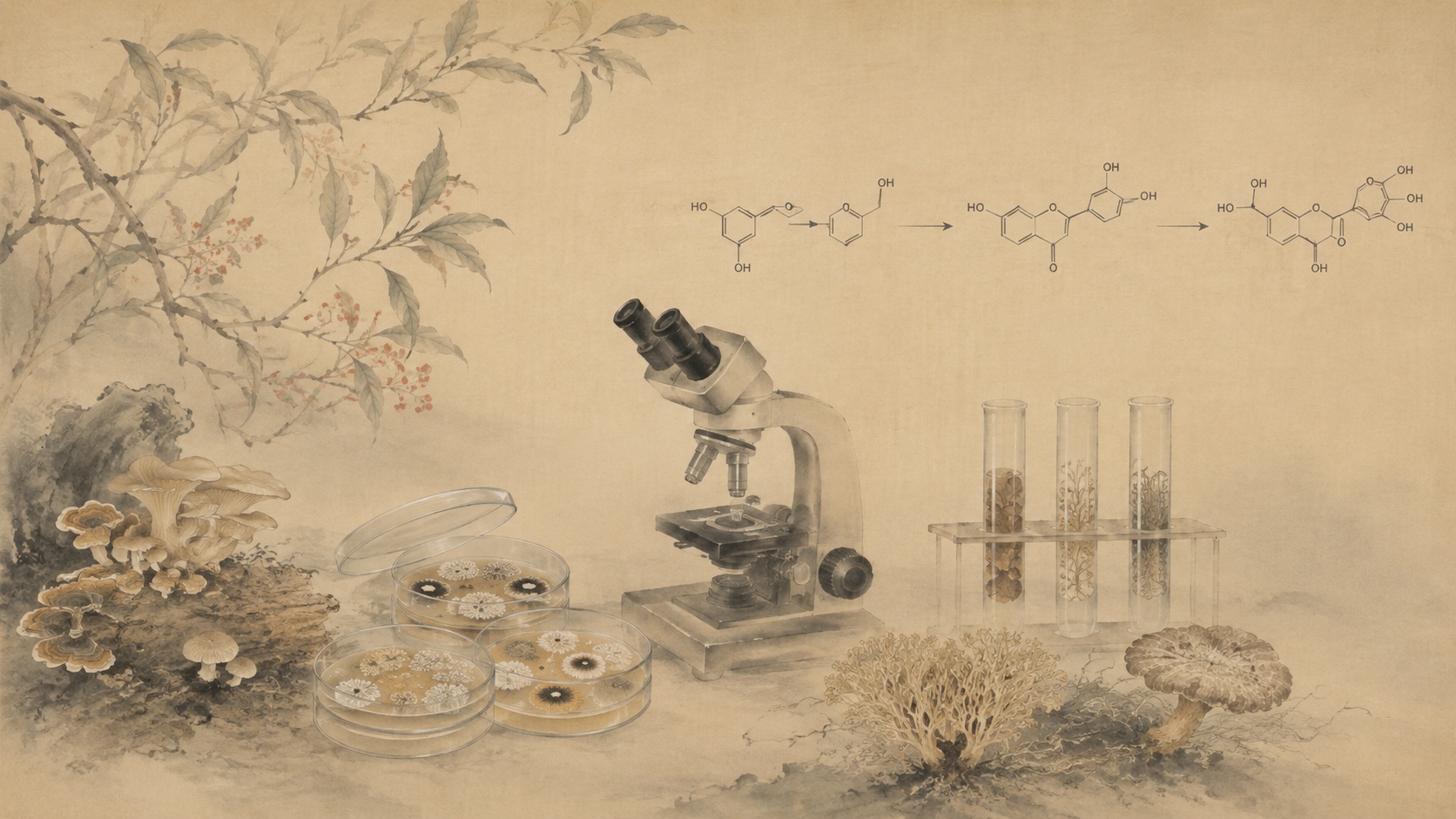 Editorial illustration of fungal cultures, a microscope and flavonoid chemistry in a naturalistic Maruyama Okyo-inspired style