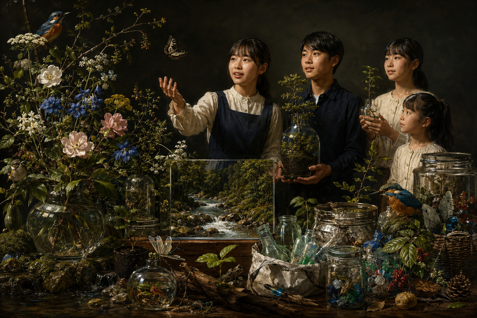 Editorial illustration of young environmental presenters surrounded by plants, birds, insects, a river and reusable jars