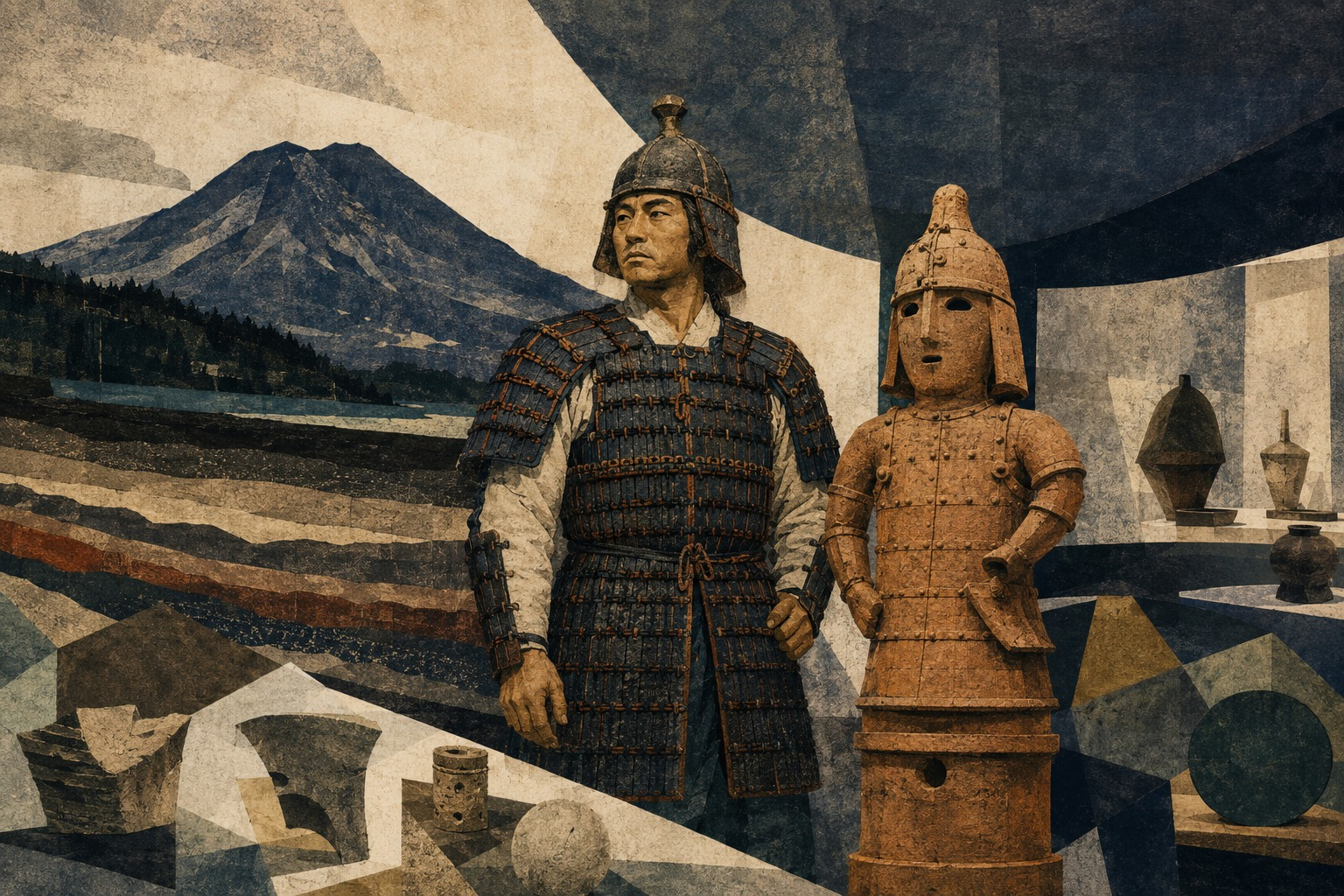 榛名山の火山灰から現れた甲冑の古墳人と挂甲の武人埴輪を描いた報道イラスト