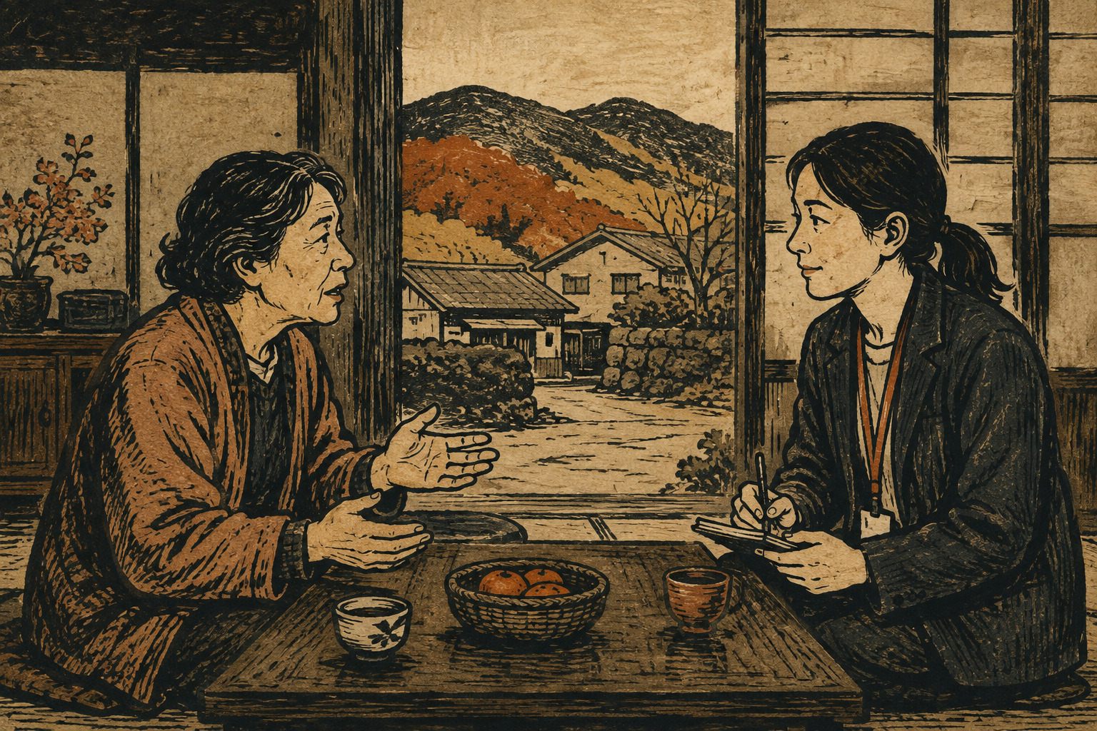 群馬で地域の支援者が一人の住民の話に静かに耳を傾ける場面を描いた木版画風の編集用イラスト
