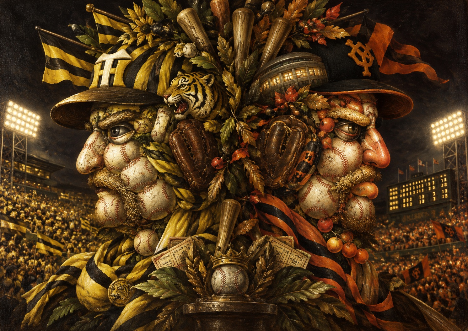 Japan.co.jp AI editorial illustration inspired by Giuseppe Arcimboldo’s composite portraits, accompanying “Half a Game Apart: Hanshin and Yomiuri Enter a Compressed Central League Finish”