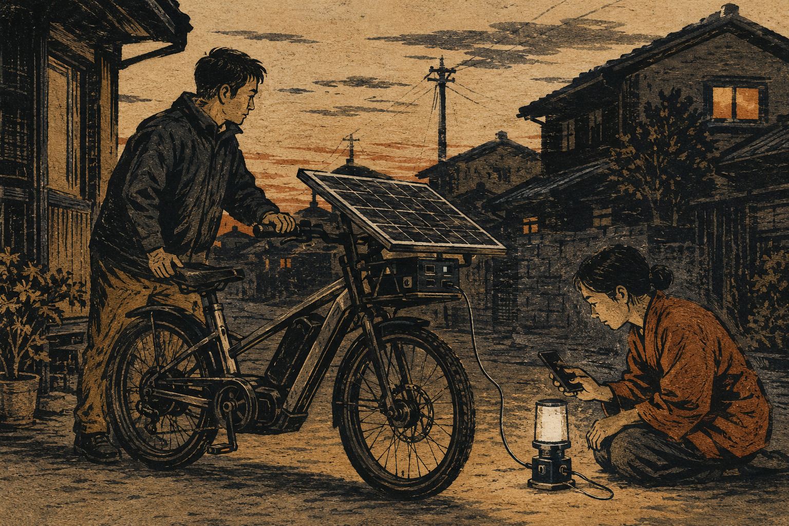 Editorial illustration of a solar e-bike charging in sunlight and powering a phone and emergency light