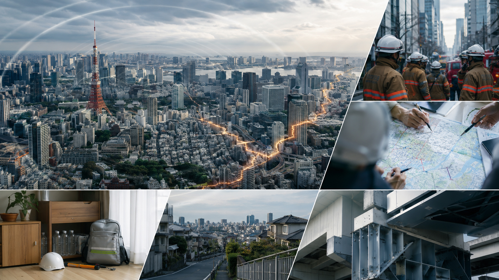 Illustrated editorial image showing Tokyo, emergency responders, maps, and household preparedness.