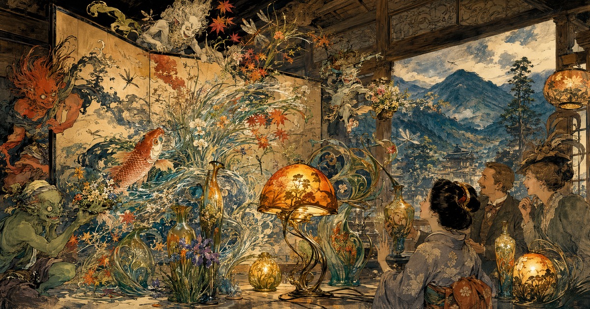 A Kawanabe Kyōsai-inspired transformation of Japanese flowers, birds and waves into flowing European Art Nouveau ornament