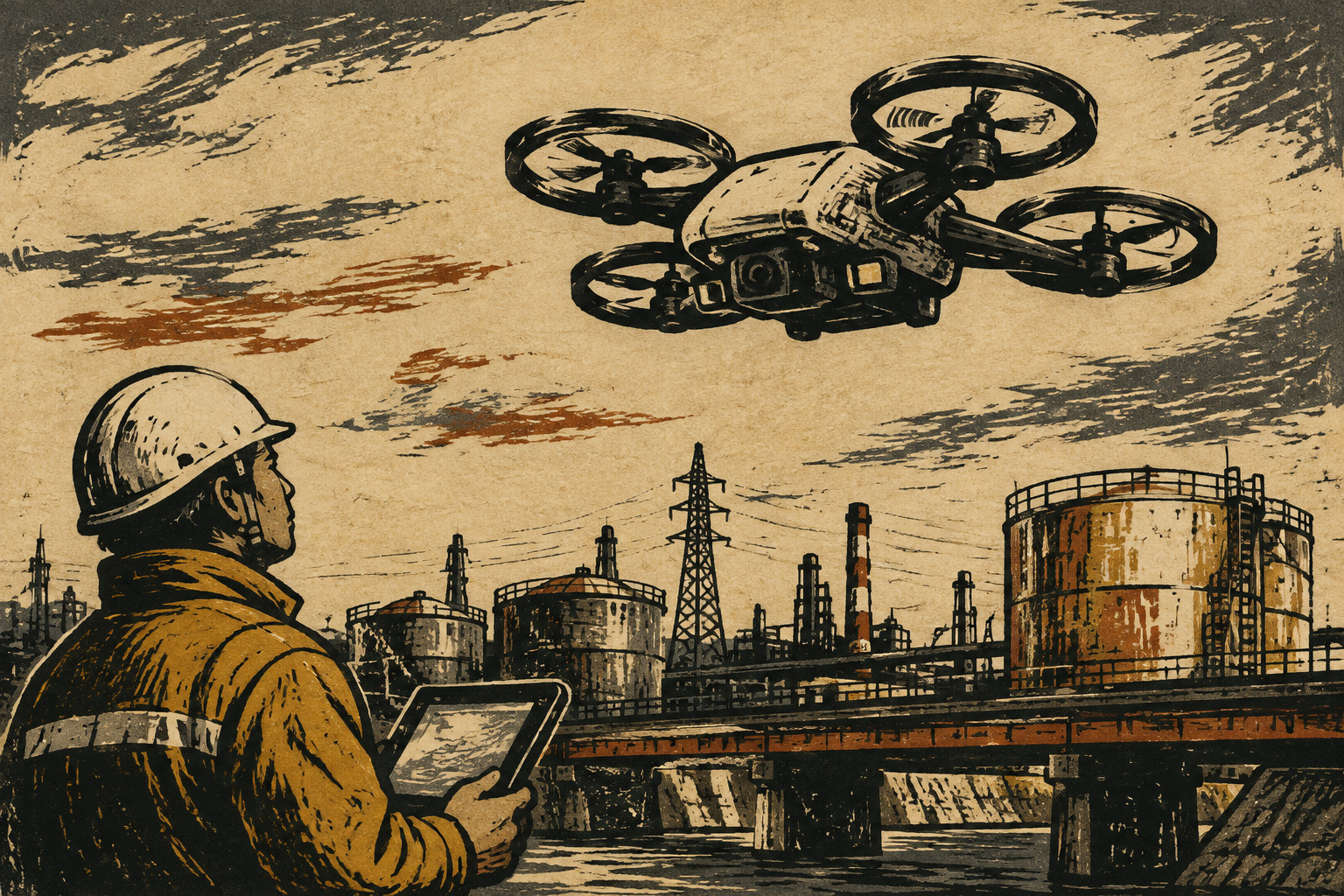 Editorial illustration of a domestically developed HINOTATE drone flying above Japanese industrial infrastructure