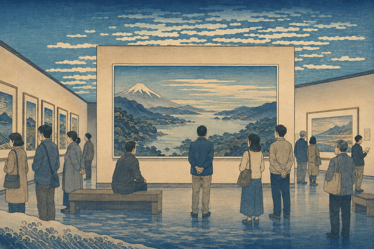 吉田博展を想起させる美術館で来館者が大画面の山岳風景を見る木版画調の編集イラスト