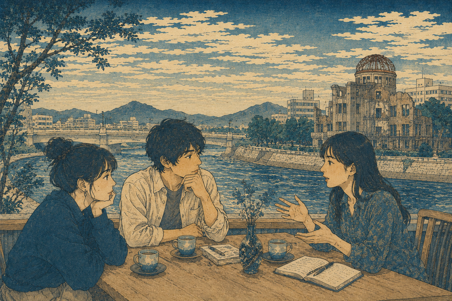 広島の川辺で結婚や将来を語る若者を北斎風に描いた編集イラスト