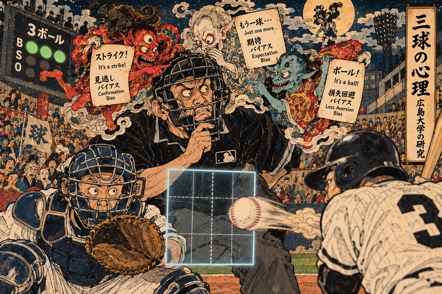 Why a 3–0 Pitch Looks Different to an Umpire — AI-generated editorial illustration inspired by Kawanabe Kyōsai