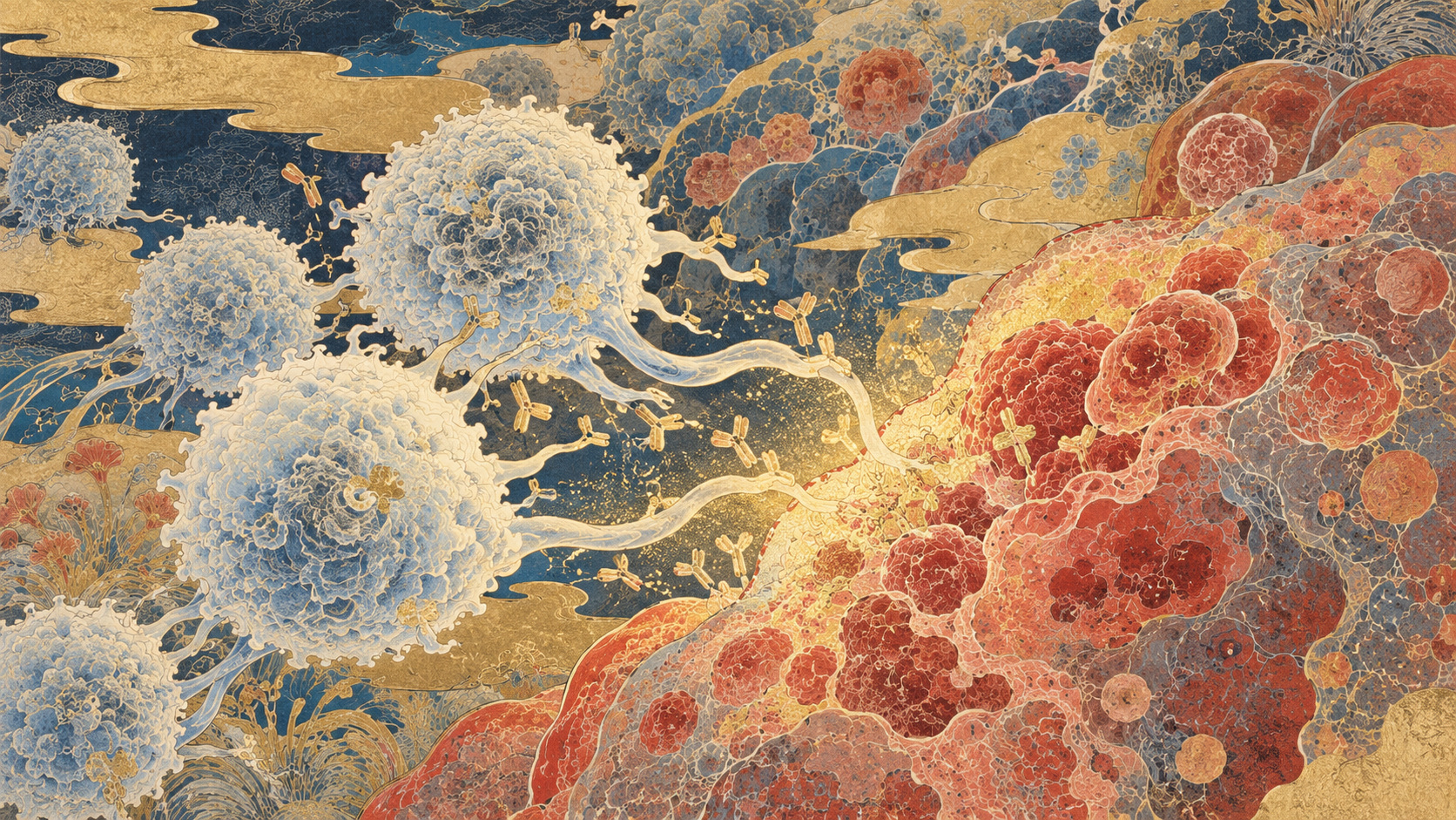 免疫から隠れるがん細胞を見つける――広島大が示した二つの因子 — AI-generated editorial illustration, not medical imaging