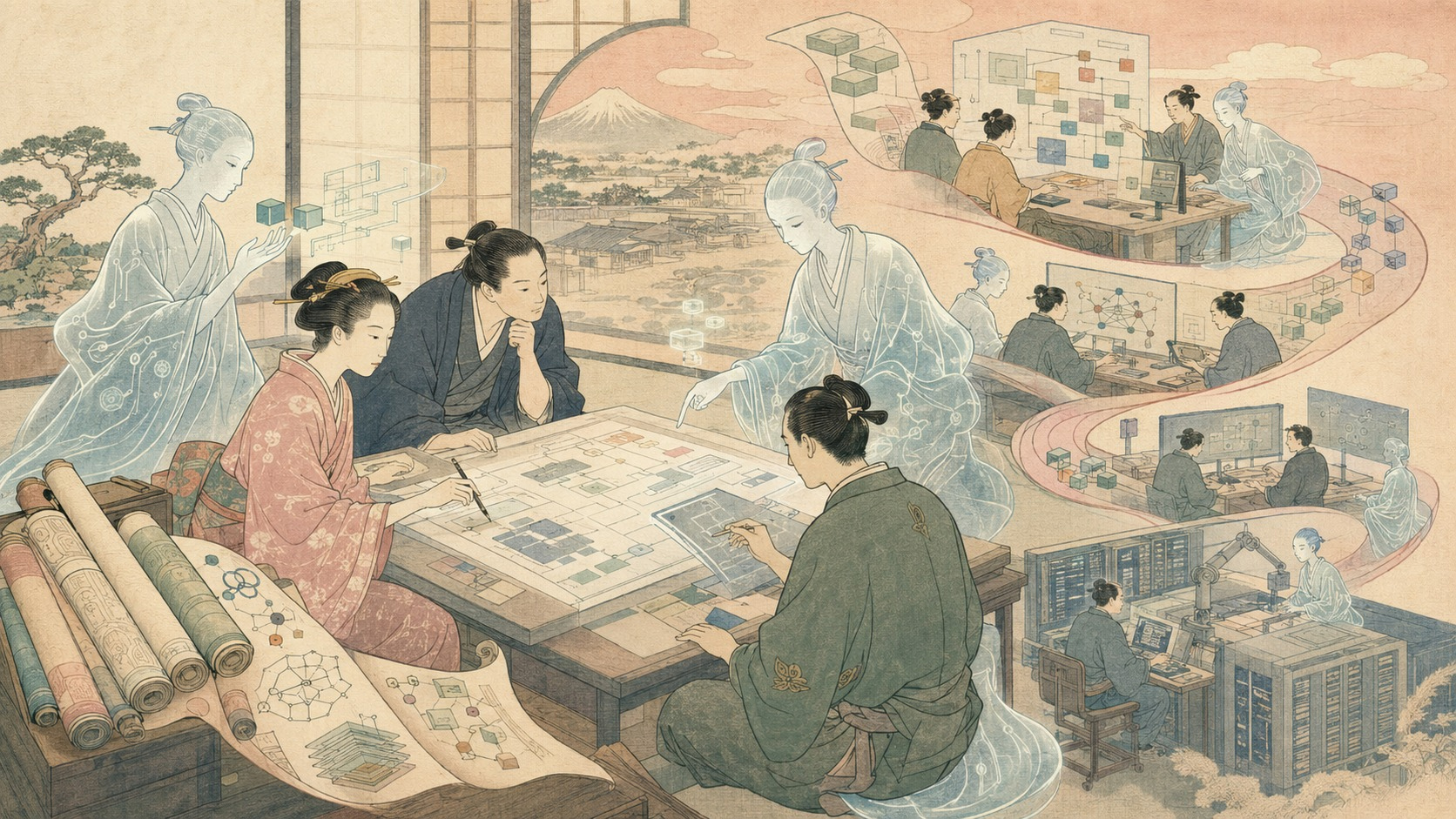 人とAIエージェントが社会システムの設計図を囲む鈴木春信風錦絵