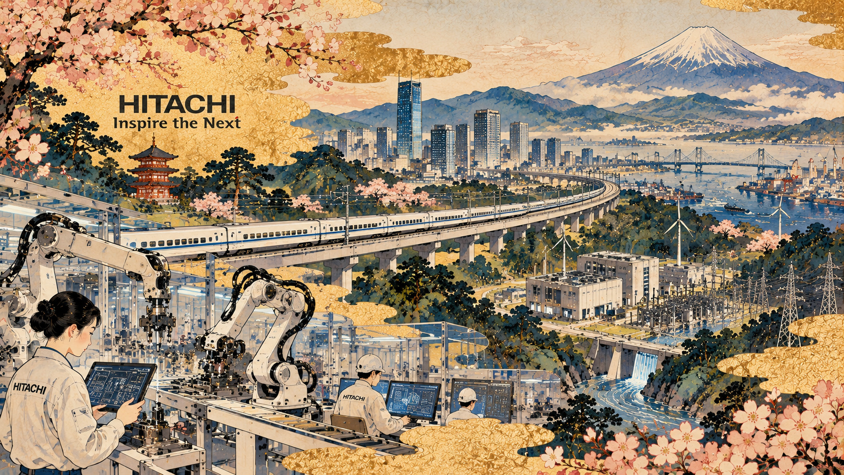 From Motors to the Infrastructure Age of AI: Hitachi’s Transformation Faces a Financial Test — AI-generated editorial illustration inspired by Kawanabe Kyōsui