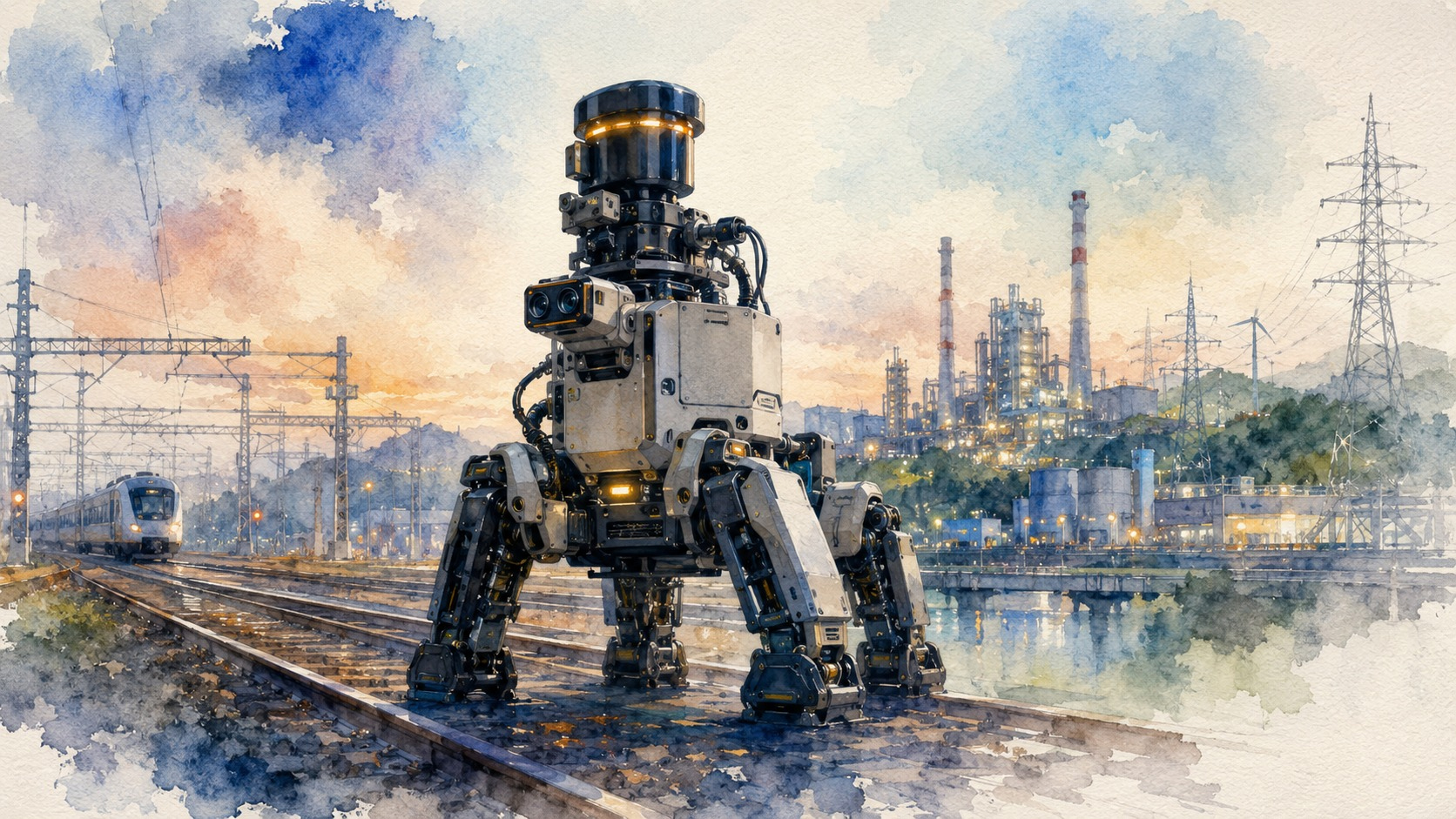 Watercolor with a single focal point: a future railway signal tower guided by physical AI