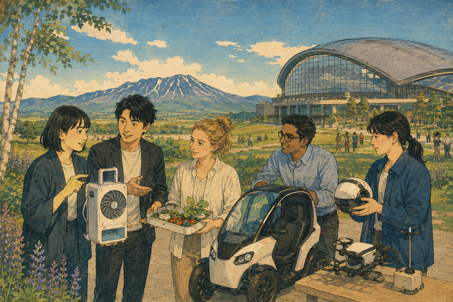 北海道ボールパークFビレッジを背景に技術を紹介する各国のスタートアップ創業者を描いた編集用イラスト