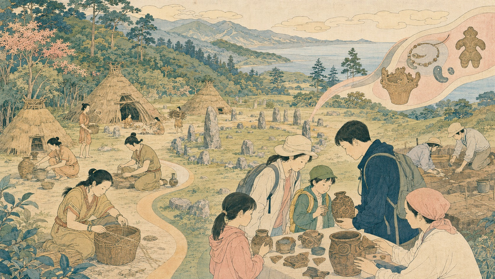 海と森の間の縄文集落、土器、環状列石を描く鈴木春信風錦絵