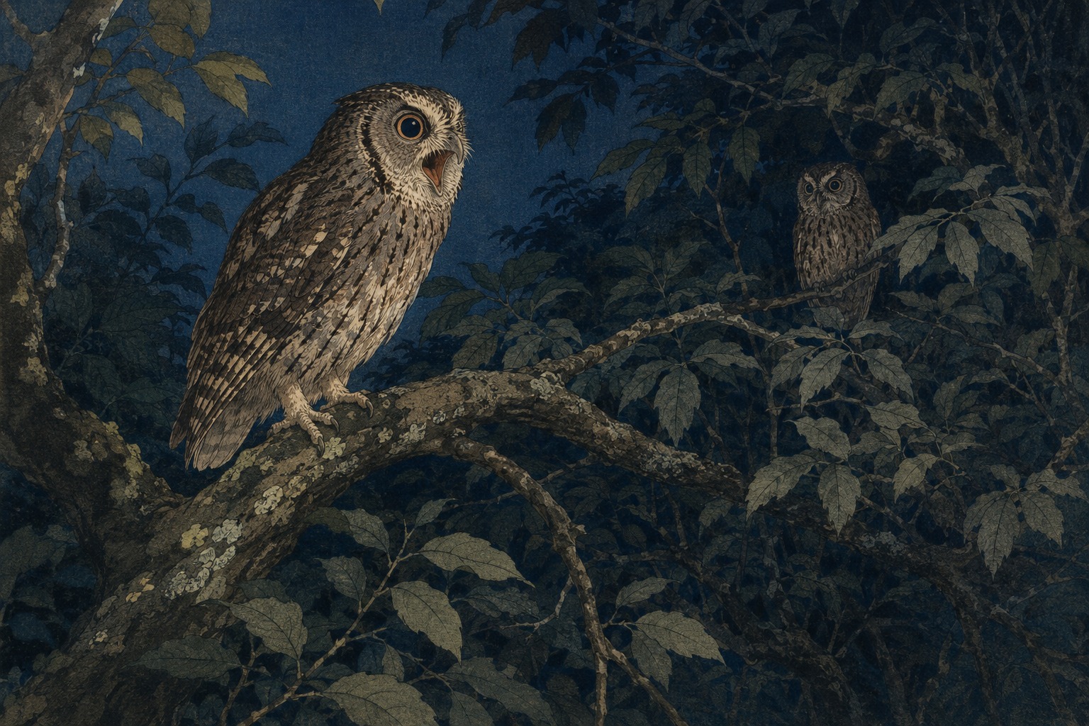 夜の樹林で鳴く小型フクロウと遠くで応答する個体を描いた小原古邨着想の編集用イラスト