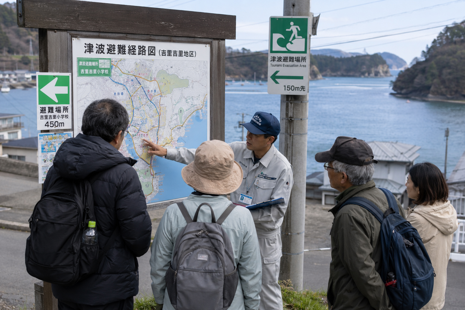 Residents and a municipal official review a tsunami evacuation route map on the Sanriku coast.