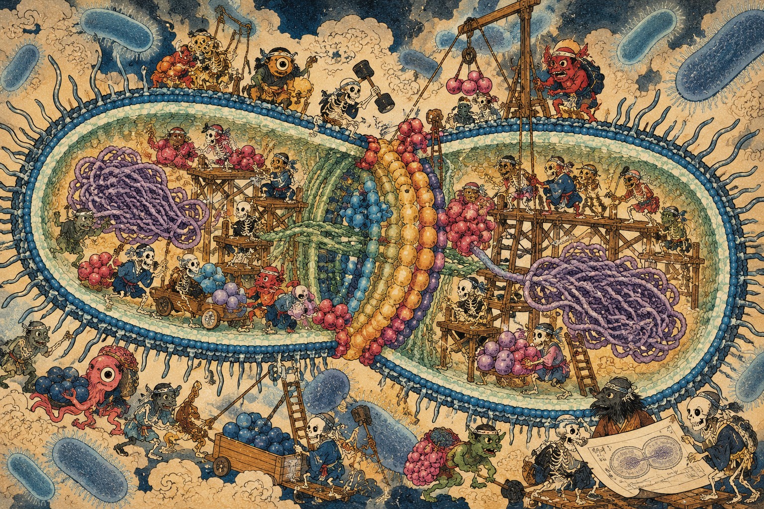 Inside the Bacterial Wall Factory: Hokkaido’s Enzyme Discovery — AI-generated editorial illustration inspired by Kawanabe Kyōsai