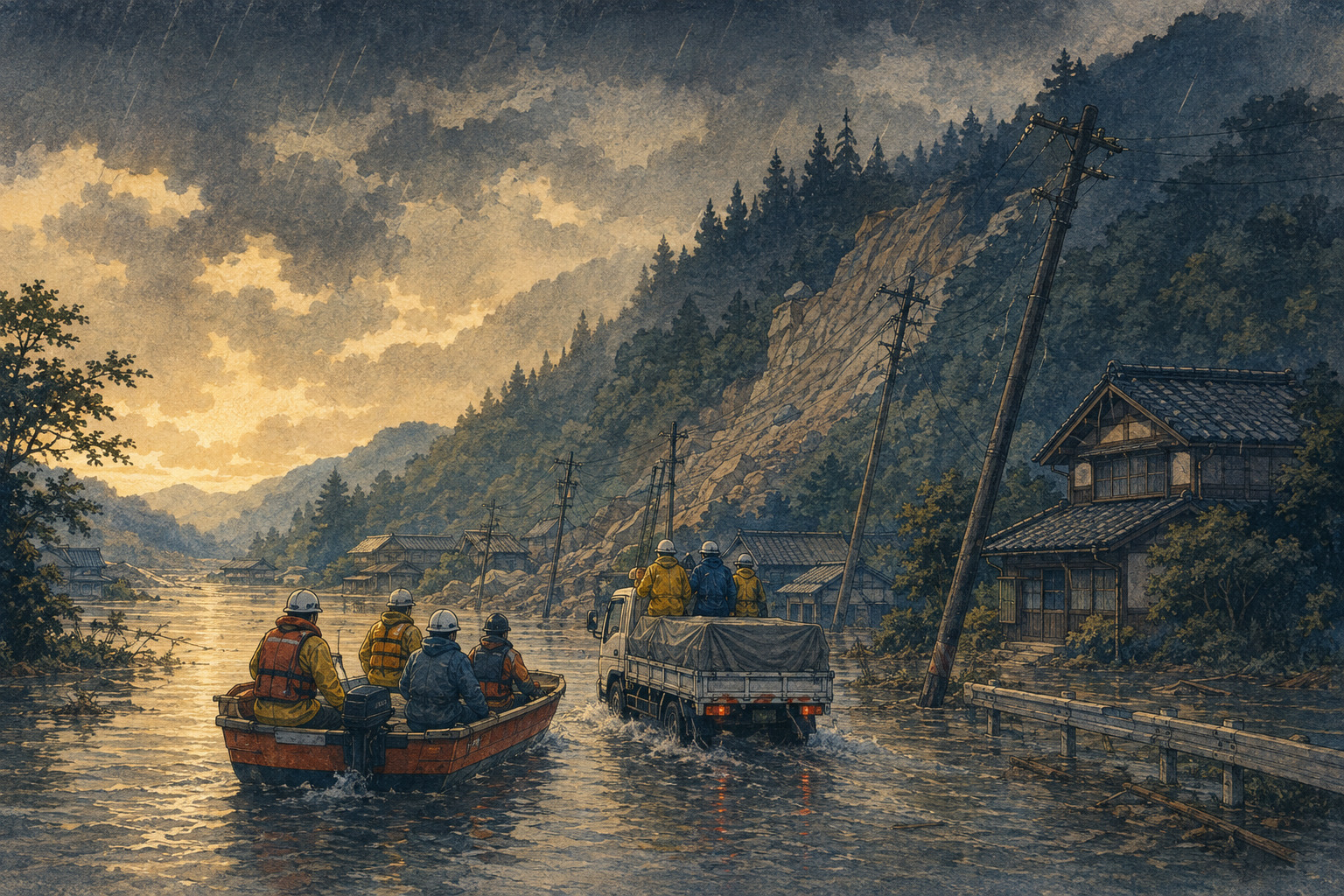 Editorial illustration of emergency and restoration crews entering a flooded Hokuriku community